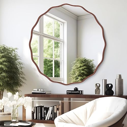 Miniatura 78 de Espejo redondo decorativo para pared de 28 pulgadas, moderno espejo ondulado dorado con marco de madera, espejo de pared circular para baño