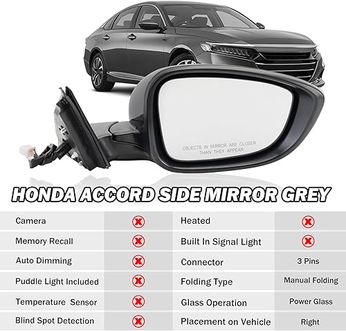 Miniatura 9 de Espejo lateral izquierdo del conductor compatible con Honda Accord 2018, 2019, 2020, 2021, espejos con potencia, sin calefacción, deportivo 1.5T,