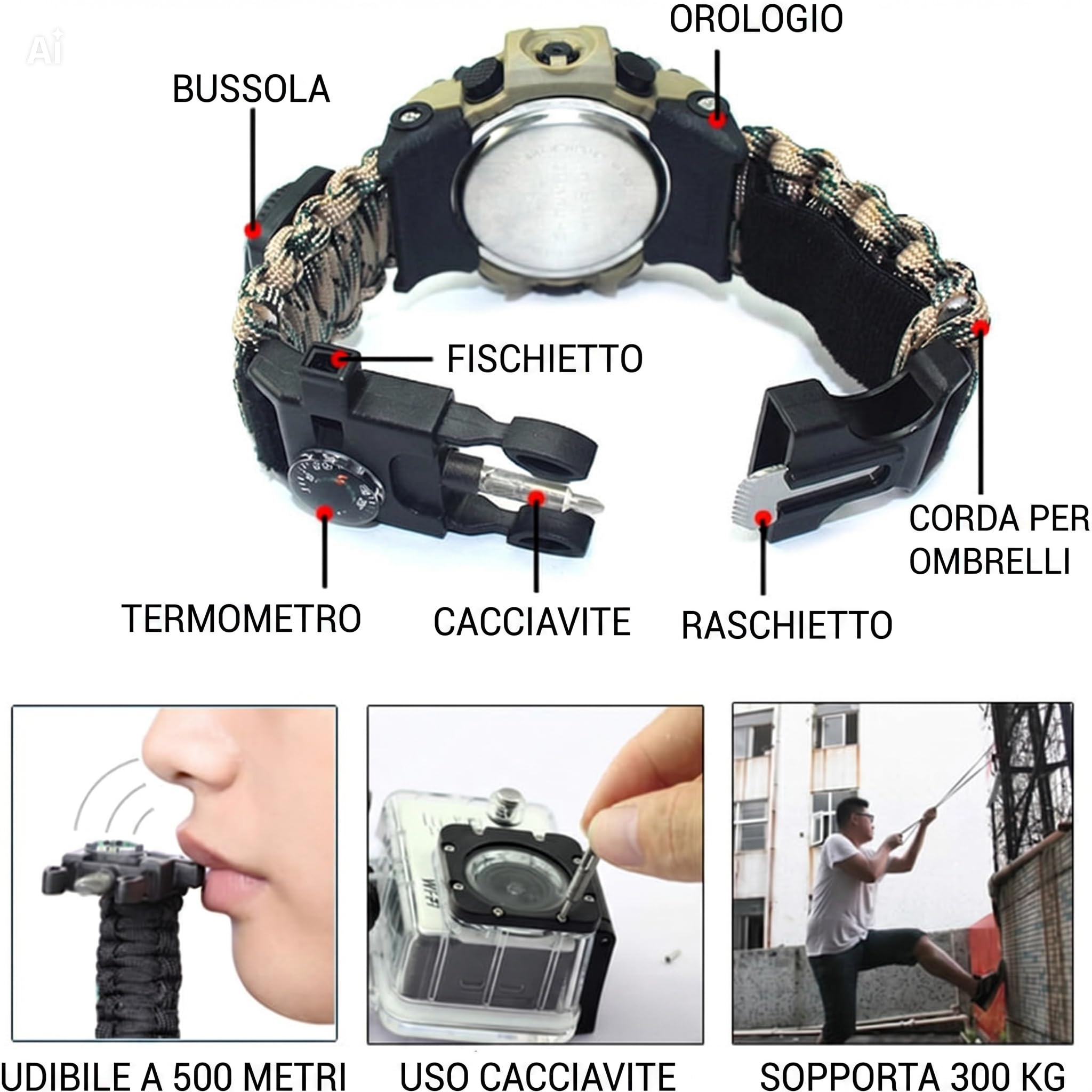 Bracelet tactique multifonction 7 en 1 - Montre de survie avec boussole, thermomètre, sifflet et corde de parachute de 113 kg - Pour camping, randonnée et escalade
