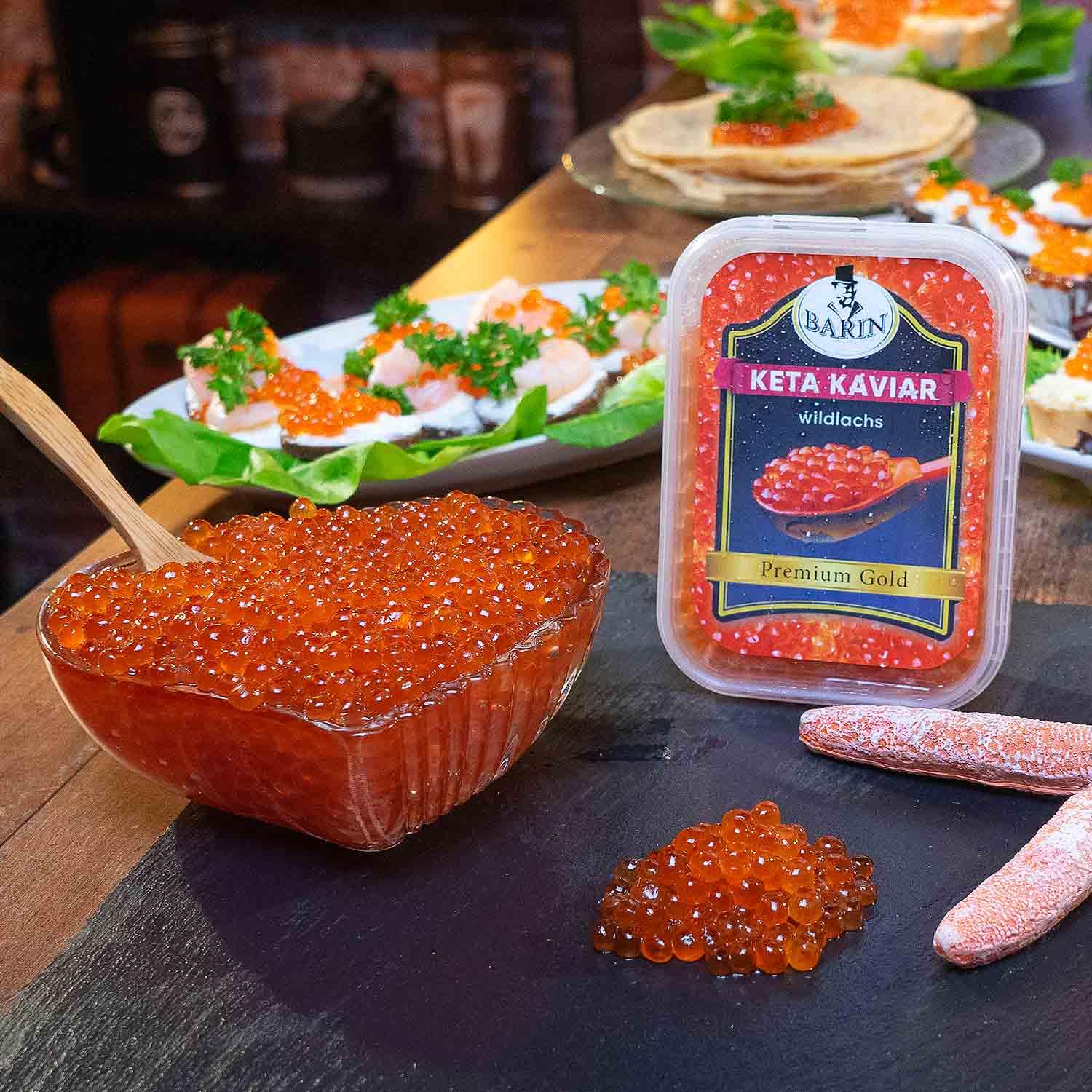 BARIN Premium Gold Keta Lachskaviar 250g Roter Kaviar Tiefgefroren Wildlachs aus Alaska