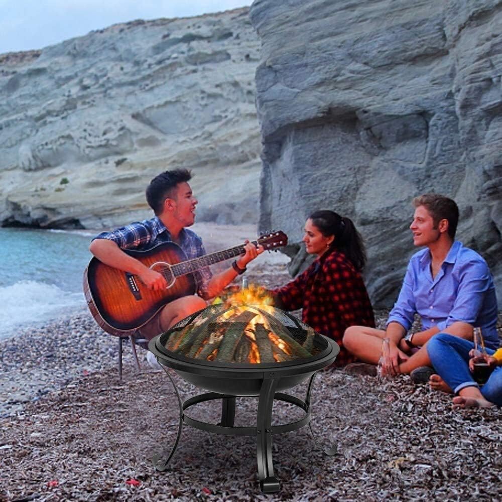 Outdoor Fire Pit Outdoor Fire Pits Wood Burning Steel BBQ Grill Firepit Bowl with Mesh Spark Screen Cover for Camping Picnic Bonfire