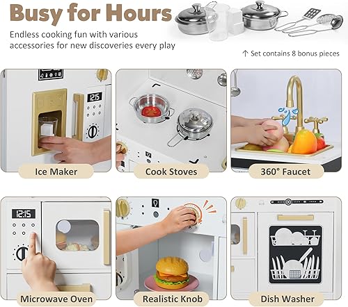 Miniatura 2 de Juego de cocina de simulación para niños, juego interactivo de madera con diseño realista, fregadero, microondas, máquina de hielo, lavavajillas,