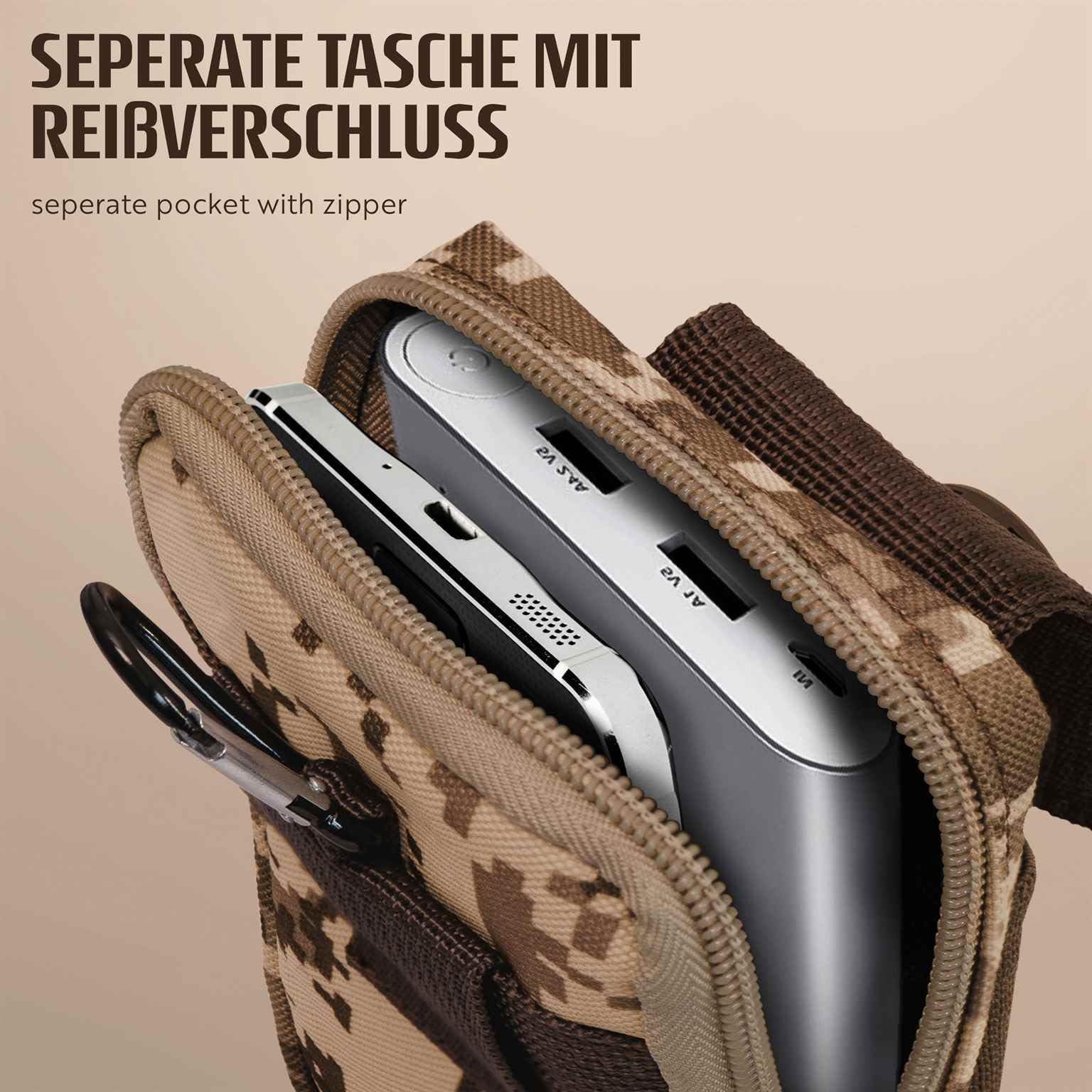 ONEFLOW Custodia di sopravvivenza per Huawei Pura 90, custodia da cintura in nylon con moschettone, borsa tattica EDC con supporto per cintura, custodia per cellulare per esterni, marrone mimetico
