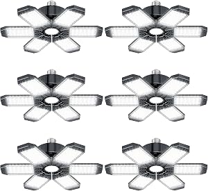 Garage Lights, 6 Pack 200W 20000LM LED Garage Light 6500K Daylight, Shop Lights with 6+1 Deformable Panels fit for E26/E27 Socket, Ceiling Lighting for Workshop Warehouse Barn Basement
