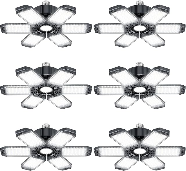 Lumières de garage, 6 pièces 200W 20000LM Lumière LED de garage 6500K lumière du jour, Lumières de magasin avec 6+1 panneaux déformables adaptés pour douille E26/E27, Éclairage de plafond pour atelier entrepôt grange sous-sol