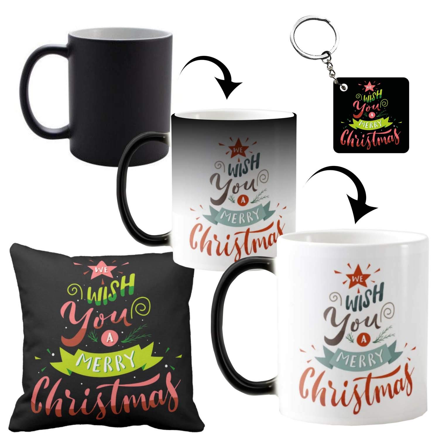 Funky Store Christmas Gifts, Wish You A Merry Christmas Magic Theme Printed Ceramic Mug, Cushion Cover and Keychain (Combo of 3)