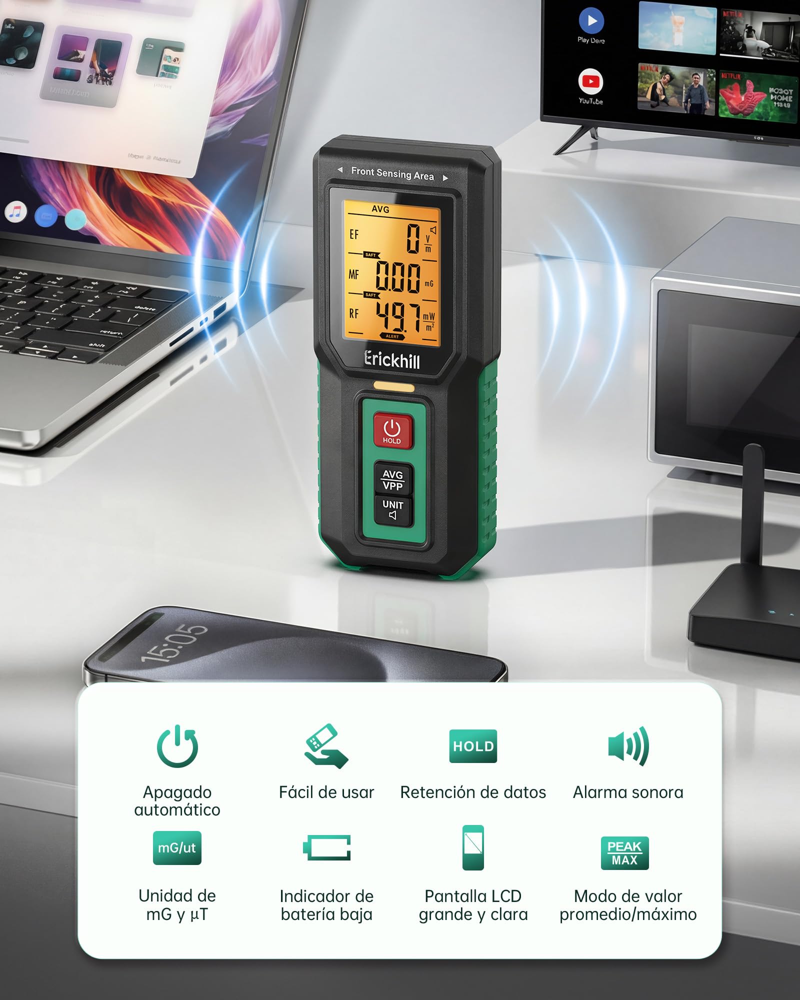 ERICKHILL Medidor EMF 3 en 1, detector EMF de 3 ejes para EF/MF/RF, medidor de radiación con pantalla LCD, detector RF recargable con 3 modos de alarma para hogar y oficina