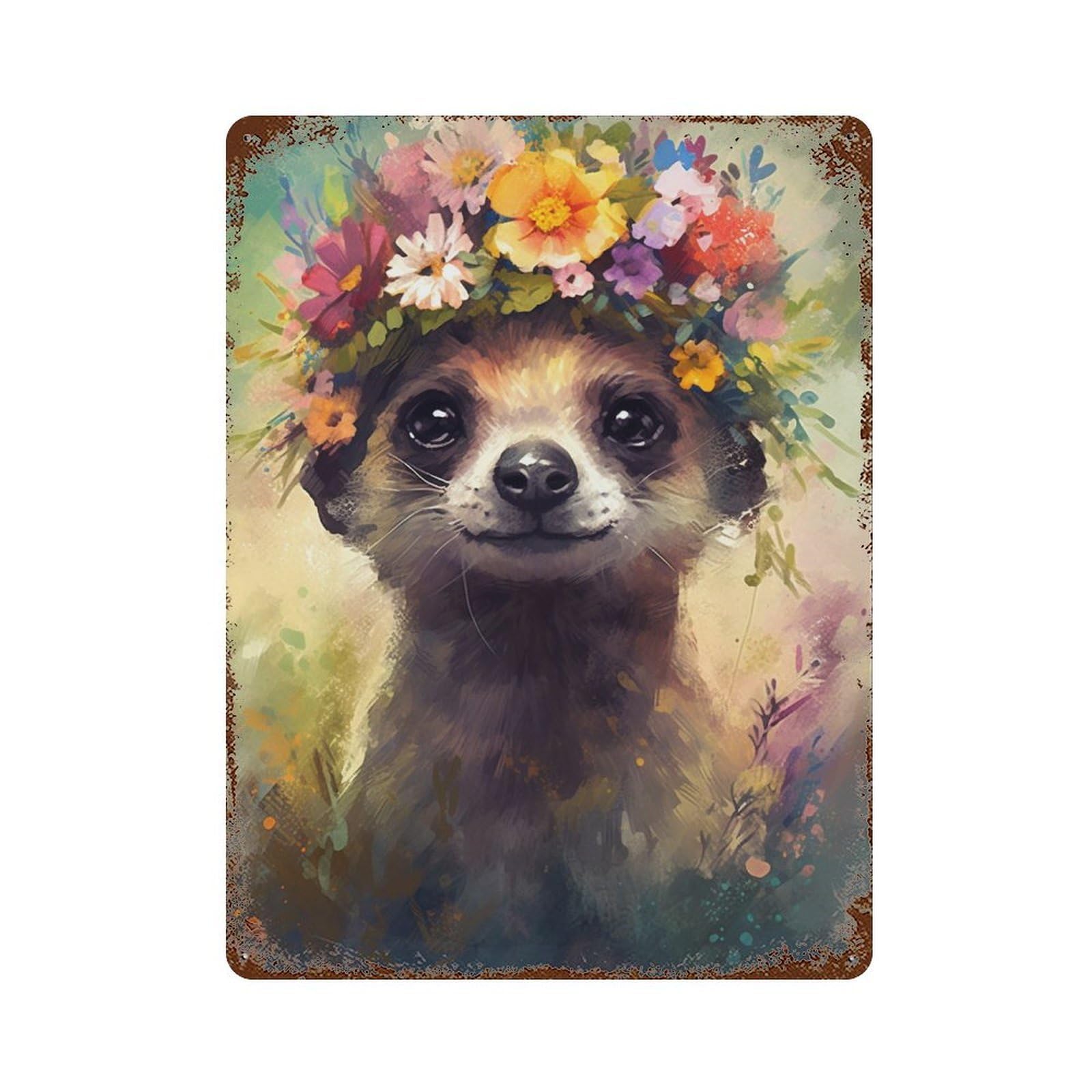 Meerkat with Flower Crown Aged Metal Wall Plaque 15.7"x11.8", for Garage, Bar And Workshop Decor, Farmhouse Wall Decor