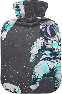 Fluorescent Purple Green Astronaut hot Water Bottle with Soft Cover, 2L Water Bags for Tummy Warmer