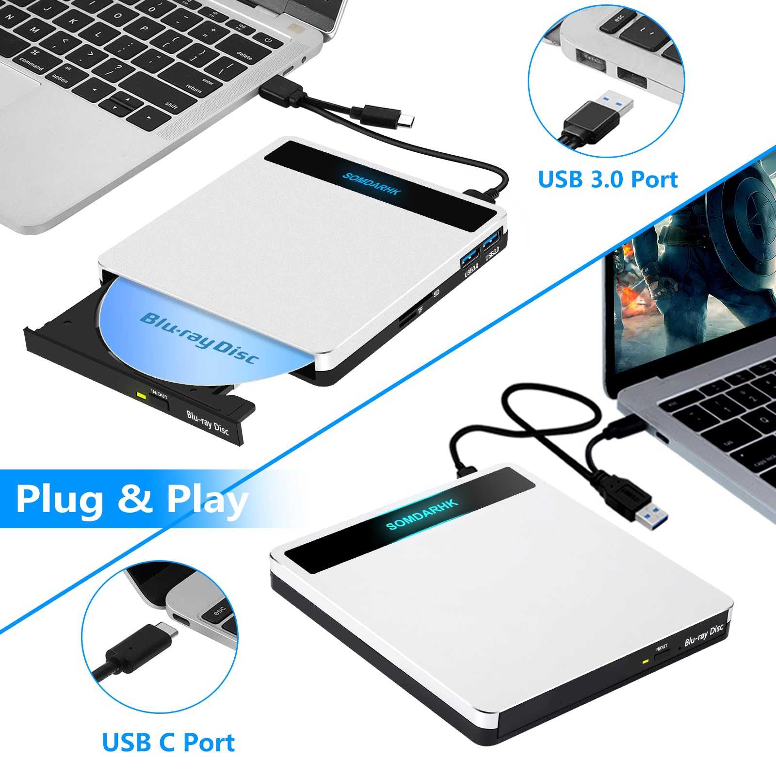 Externes Blu Ray Laufwerk: USB 3.0 Type-C Bluray Laufwerk Extern Mit SD/TF Slot & 2 USB Ports - Tragbare Externer CD/DVD Blu-ray Brenner Kompatibel mit Laptop PC Mac Windows(Silber)