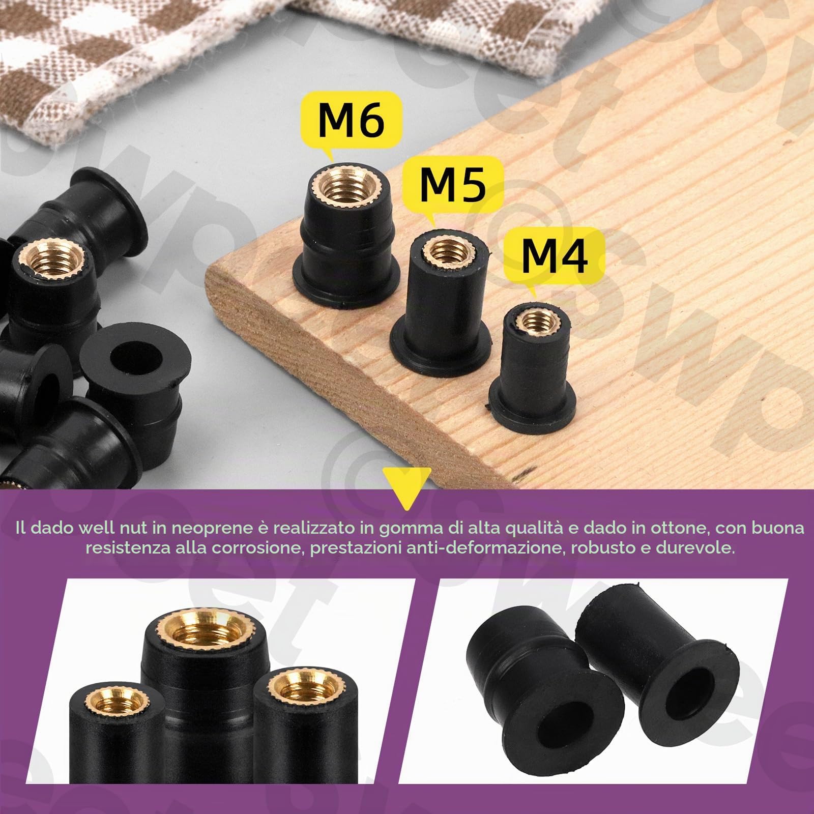 Swpeet Set di 37 Dadi M4 M5 M6 in Gomma Nera Ondulata per Parabrezza, Fissaggio, Rivestimento Moto e Neoprene - Espansione in Ottone per Canoa