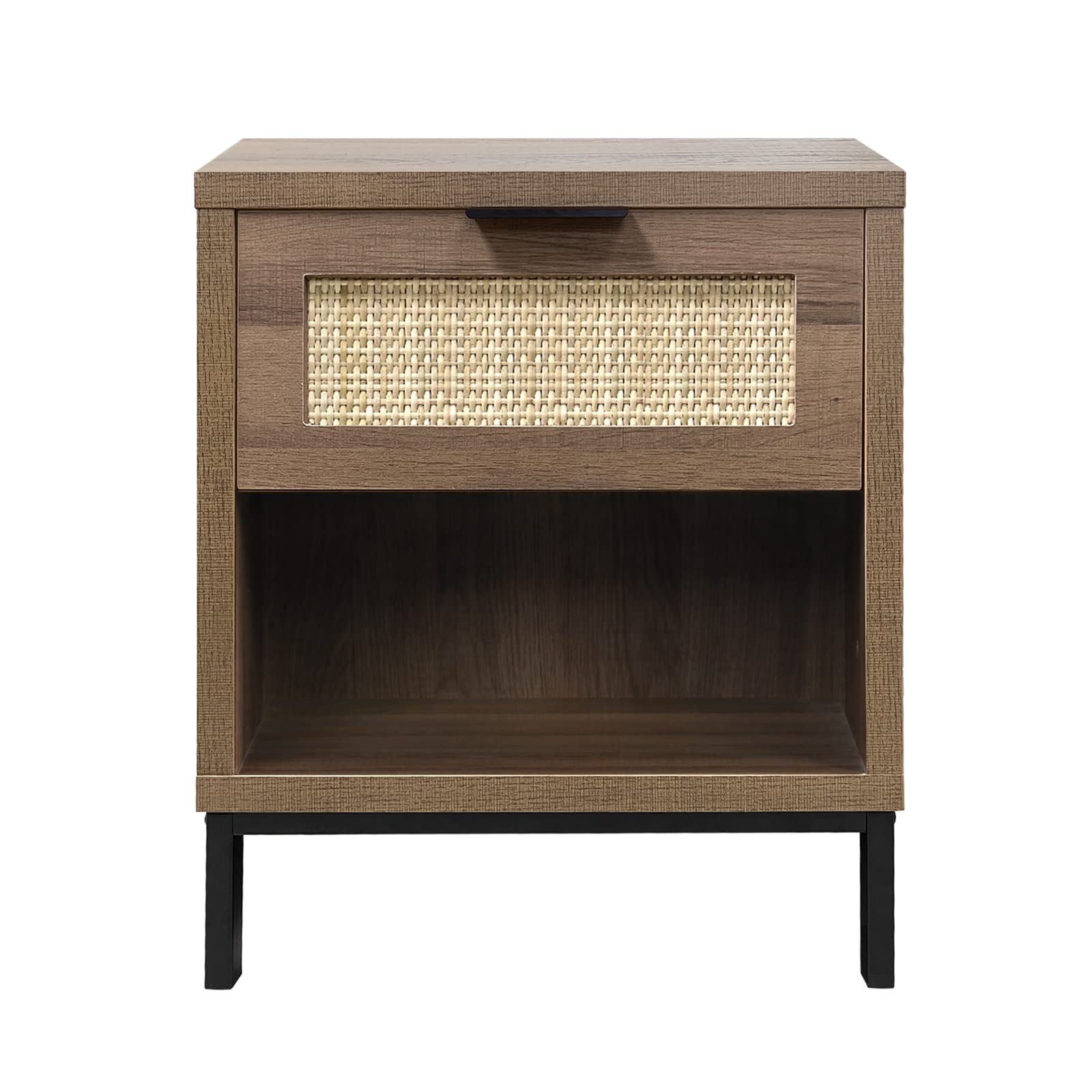 Photo 1 of Giluta Wood Nightstand with Natural Rattan Drawer and Open Storage Shelf, Natural Oak Farmhouse Bedside End Table Wood Finish & Metal Legs Rattan Drawer Side Table for Bedroom Living Room H0010-one Drawer
