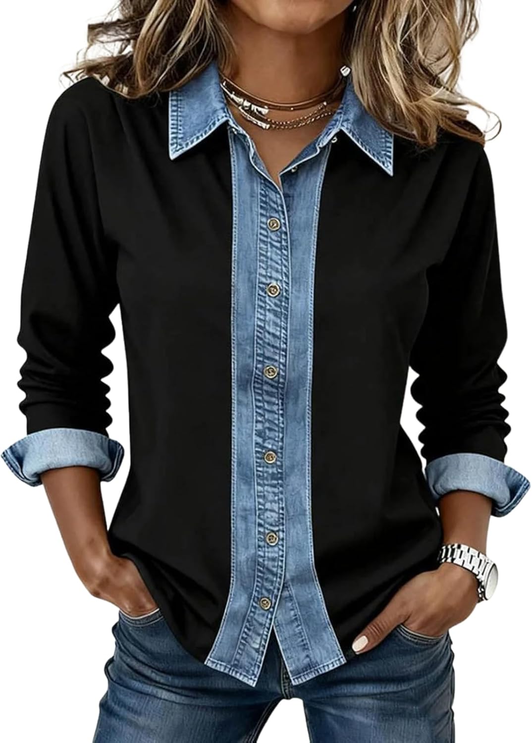 Women's Denim Collar Button Down Shirt 2025 Fall Winter Fashion Casual Long Sleeve Black Going Out Pullover Shirt