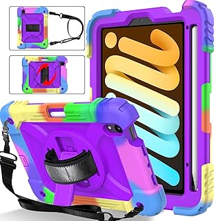 BMOUO iPad Mini 6 Case (2021), iPad Mini 6th Generation Case, Rugged Shockproof [360° Rotating Stand] [Hand Strap] [2nd Gen Pencil Holder] Kids Case for New iPad Mini 6th Gen 8.3 inch 2021- Purple