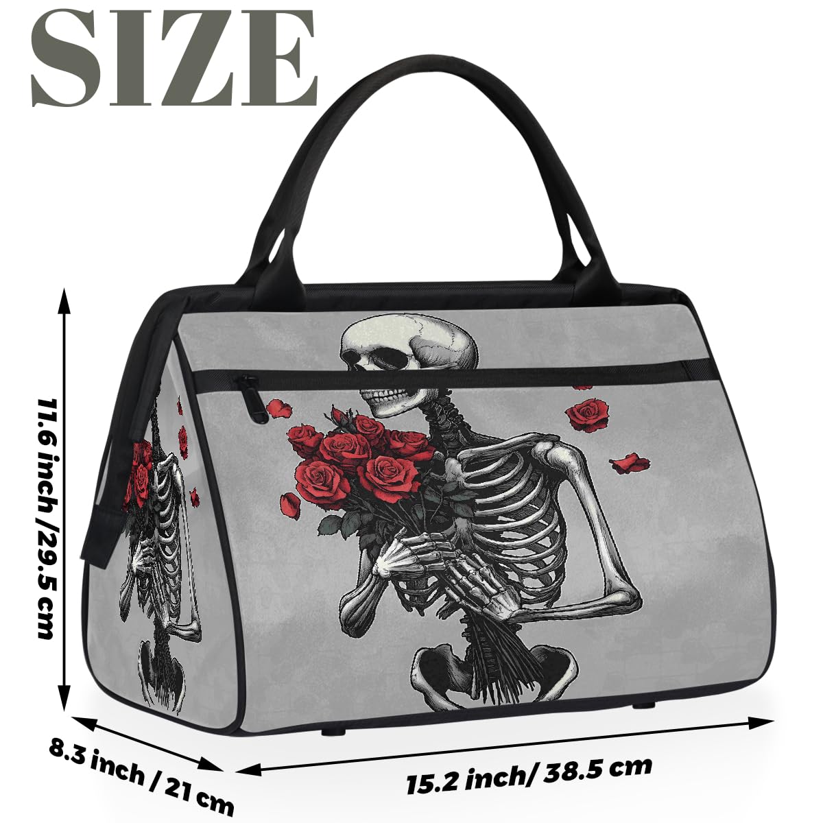 Borsa da palestra con teschio floreale per uomini e donne, scheletro rosa da viaggio, borsone sportivo da viaggio, borsa impermeabile per il fine settimana, borsa leggera da portare a mano