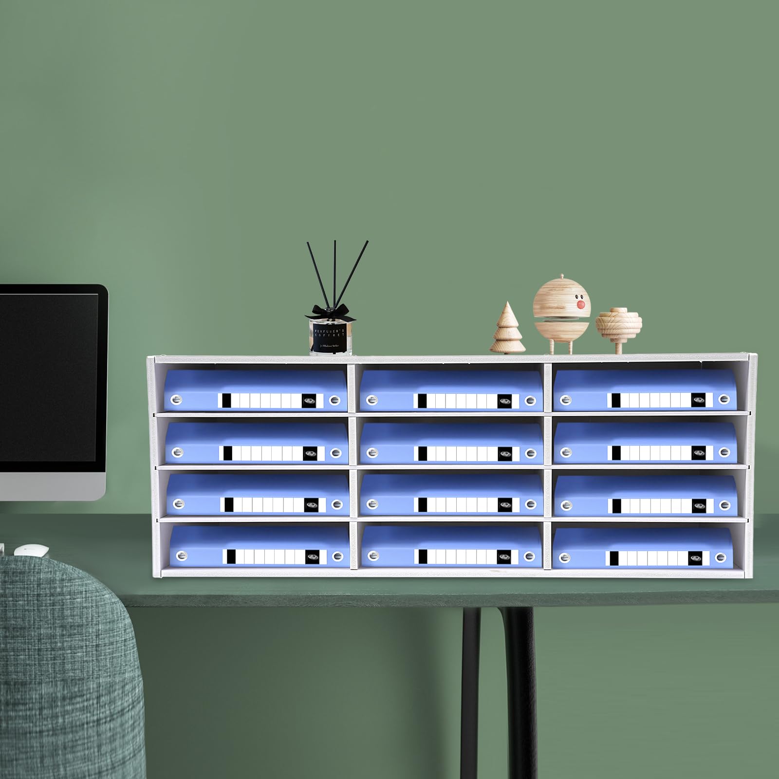 Vassoio portadocumenti da scrivania, 12 scomparti, in PVC, 80 x 30,8 x 30 cm, organizer per letteratura, bianco, per ufficio, scuola e casa