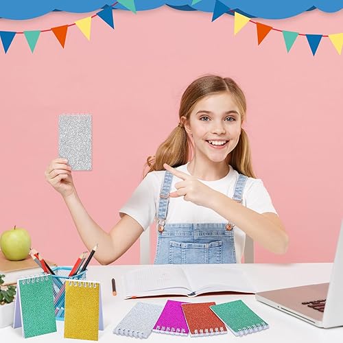 Miniatura 5 de Seajan 24 cuadernos en espiral con purpurina para niños, recuerdos de fiesta, cuadernos pequeños de prisma de 3.9 x 2.4 pulgadas, blocs de notas