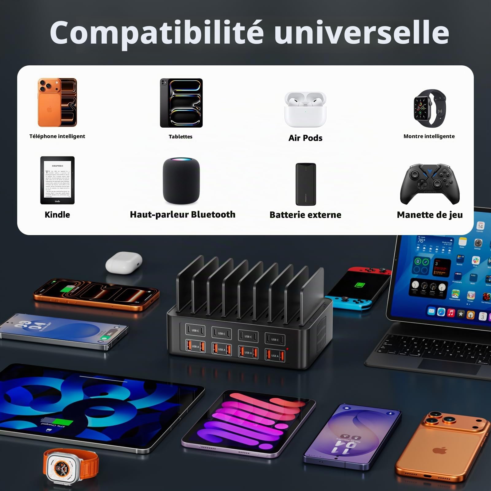 Station de Chargeur USB Multiple,16 Ports 150W Chargeur Adaptateur Secteur, avec séparateur réglable et Amovible, concentrateur d'alimentation USB C, Compatible avec iPhone/Galaxy/Andere USB-Geräte