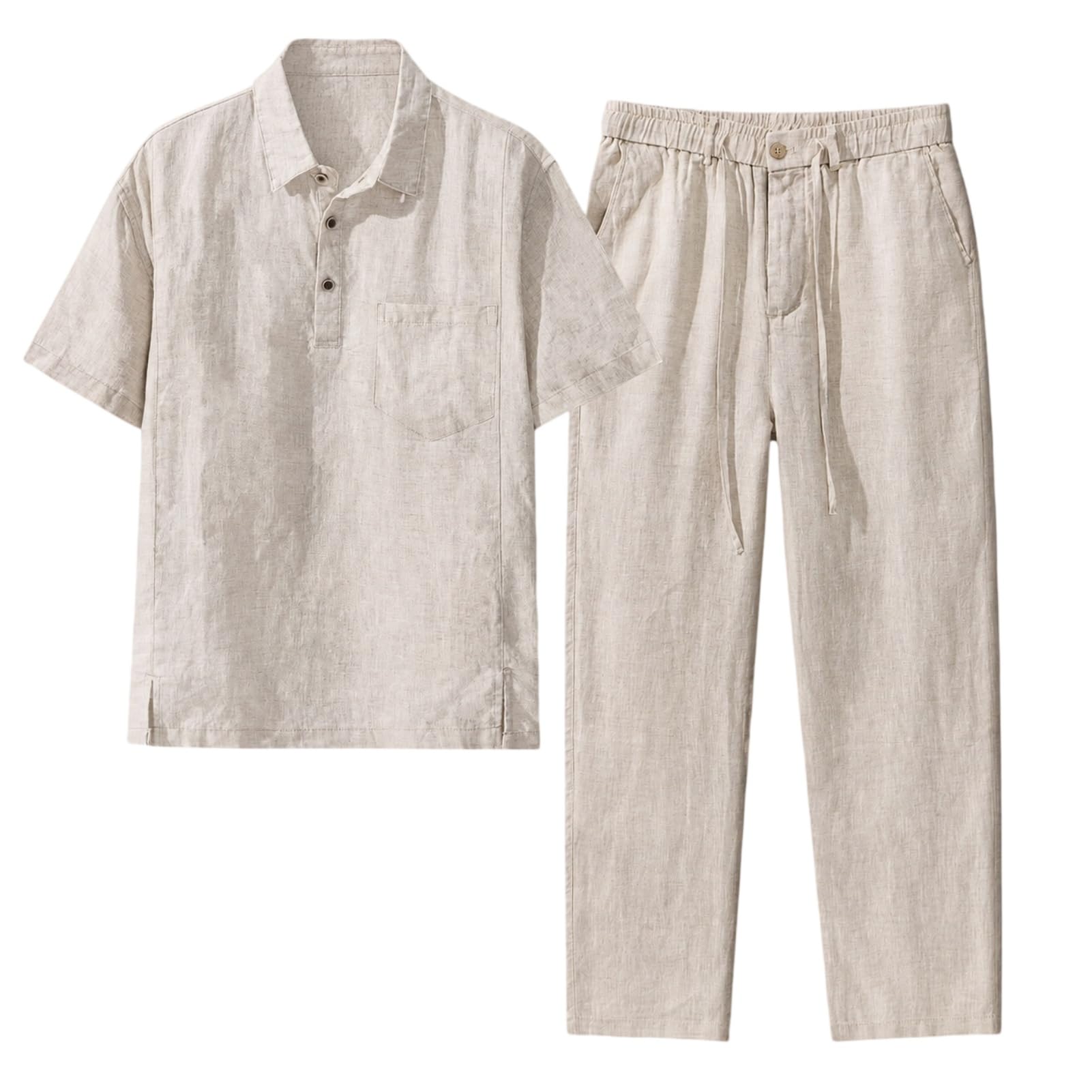 Set da 2 pezzi da uomo in lino con maglia e pantaloni larghi | Abbottonatura Henley, maniche corte, coulisse in vita, pantaloni a gamba dritta