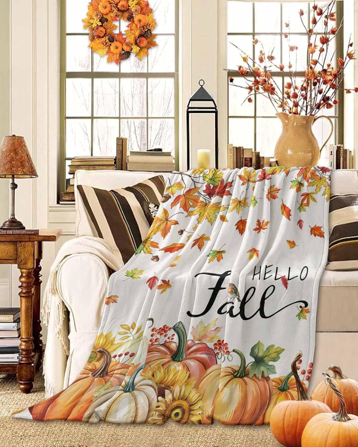 Pumpkin Blanket Thanksgiving Maple Leaf Country Soft Cozy Throw Blanket Flannel Fleece Blankets for Bed Sofa Couch 60" x 80"