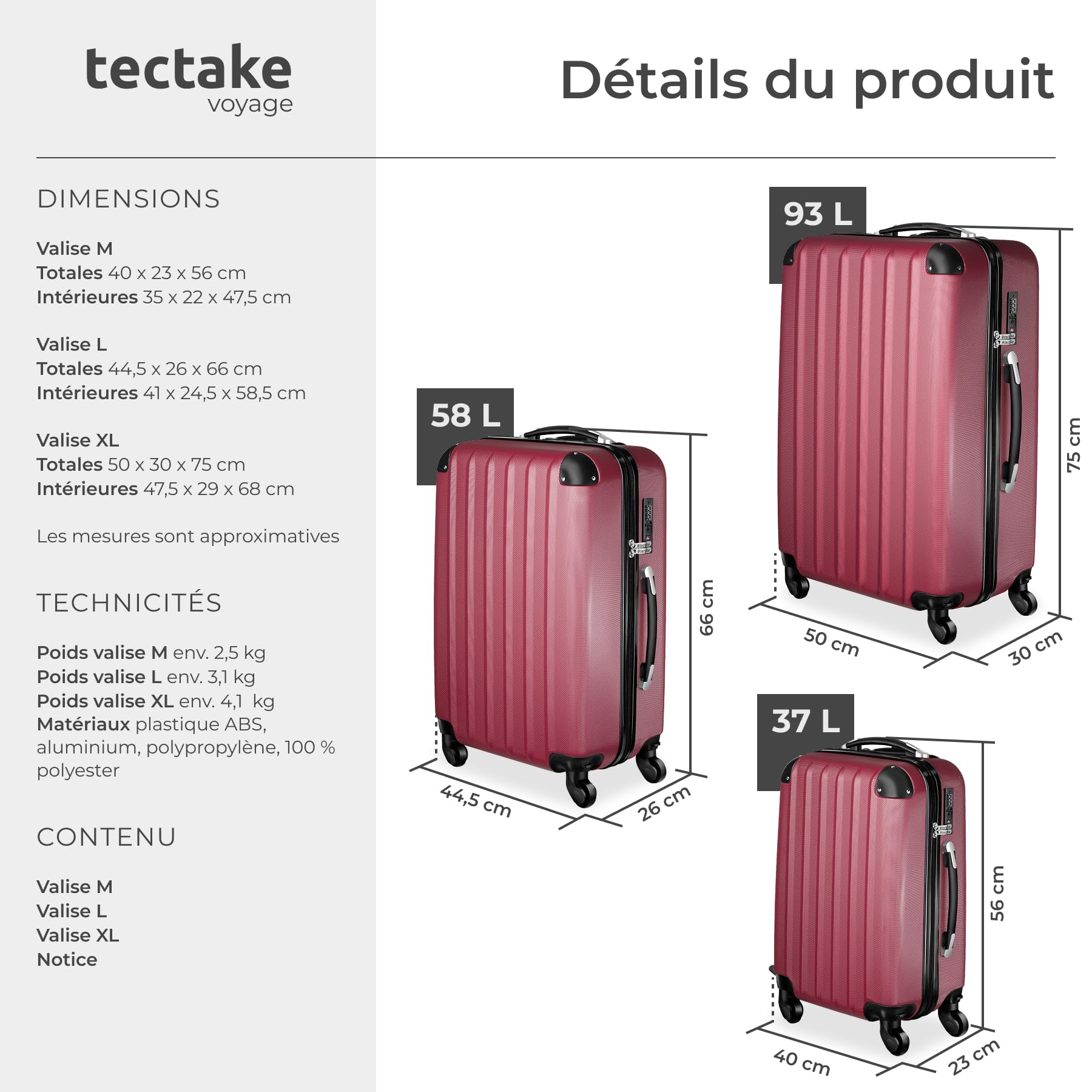 tectake® Set de Valises de Voyage 3 Tailles Valise Grande Taille, Cabine et Petite Valise Sacs de Voyage Valises Maternité ABS avec roulettes Pivotantes 360° Cadenas Poignée télescopique