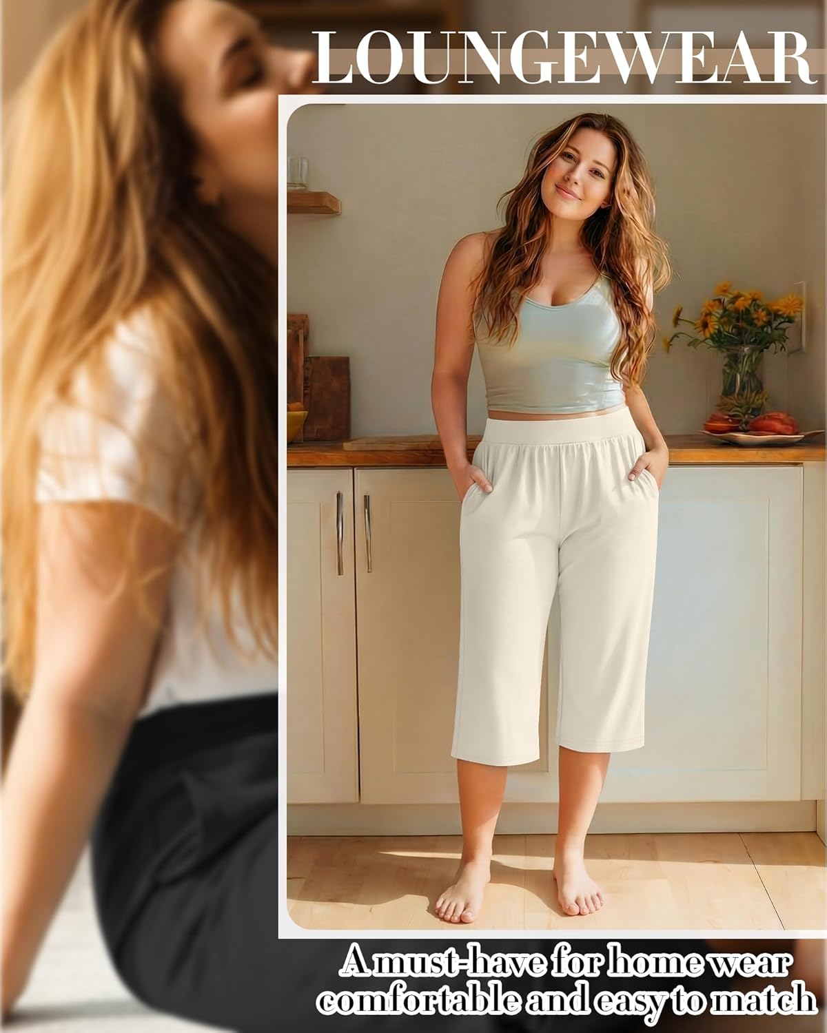 Huukeay 3 Pack Women's Plus Size Capri Pants Loose Fit Wide Leg Capris Sweatpants Summer High Waisted Yoga Pants with Pockets - Image 6