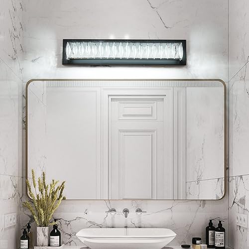 Miniatura 2 de PULLCU Lámpara de baño de 23 pulgadas, moderna lámpara de tocador de cristal LED negra para baño, luces de espejo de tocador, blanco frío, 6000 K