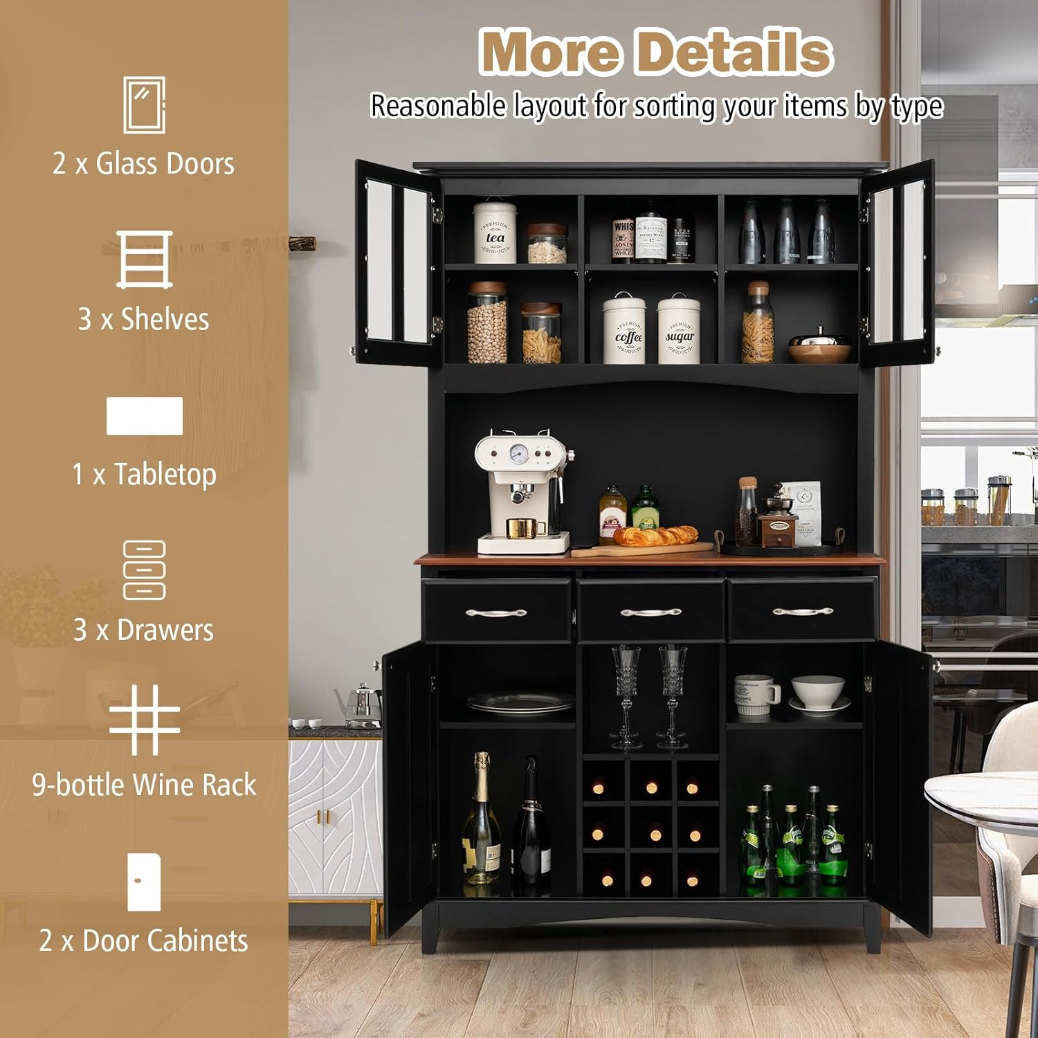 72.5” Buffet with Hutch, Freestanding Pantry Storage Cabinet with Drawers, Adjustable Shelves, Wine Grids, Microwave Countertop, Kitchen Cupboard for Dining Room, Living Room (Black)
