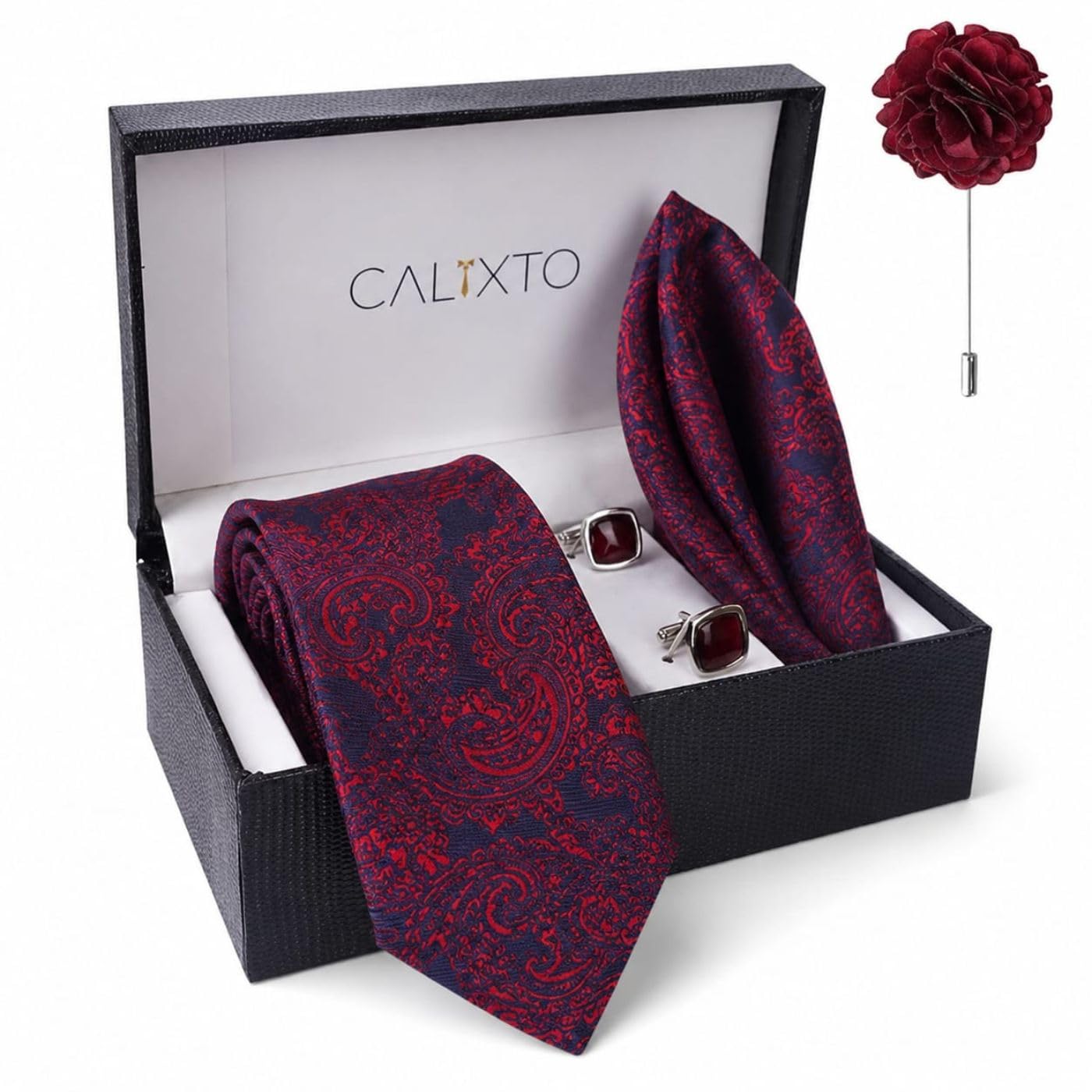 calixto Men's Luxury Tie Gift Set with Pocket Square, Cufflinks & Lapel Flower Pin – Premium Woven Paisley Necktie Set in Navy Blue & Burgundy – Formal Wedding, Business & Party Accessories Gift Box-picture-56