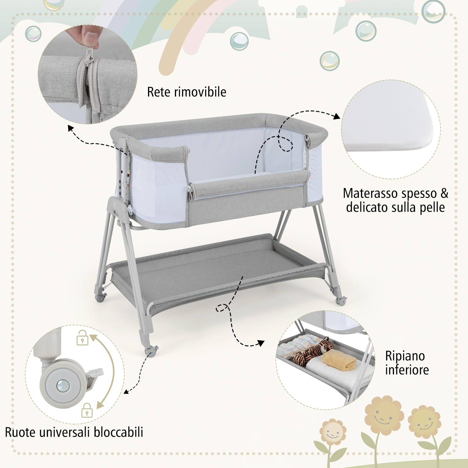 COSTWAY Lettino per Neonati, Culla Portatile Pieghevole con Ripiano Portaoggetti, 7 Altezze Regolabili, Materasso e Borsa per Trasporto (Grigio)