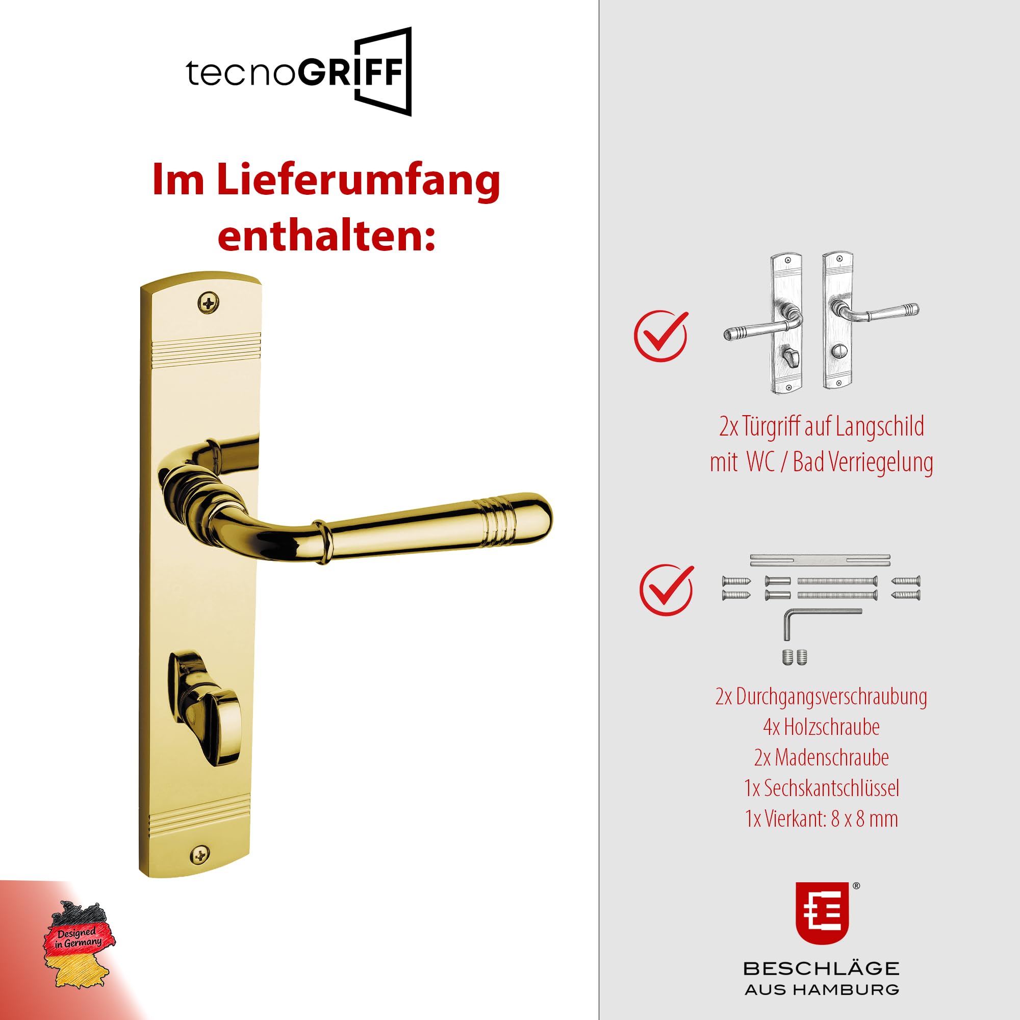 Beschläge Hamburg | Türgriff Türbeschlag | EMILY ART 70-09 MPu WC | Türklinke mit Bad Verriegelung Langschild 45x235 mm für Zimmertüren | Drückergarnitur/Türdrücker für Innentür | in messingfarben