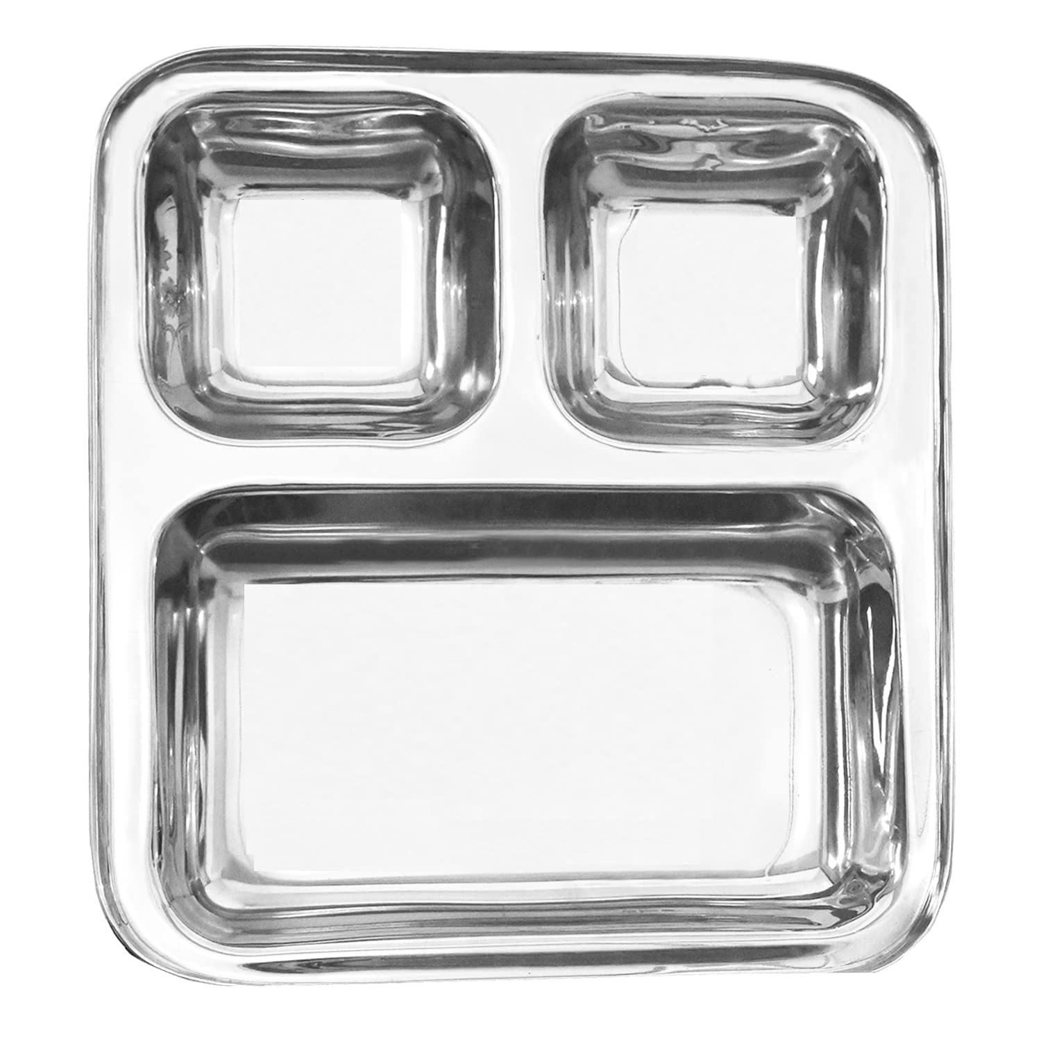 SVE Heavy Duty Stainless Steel Square Small Dinner Plate with 3 Sections Divided Mess Trays for Kids Lunch, Camping, Events & Every Day Use Kitchenware (Pack of 2)