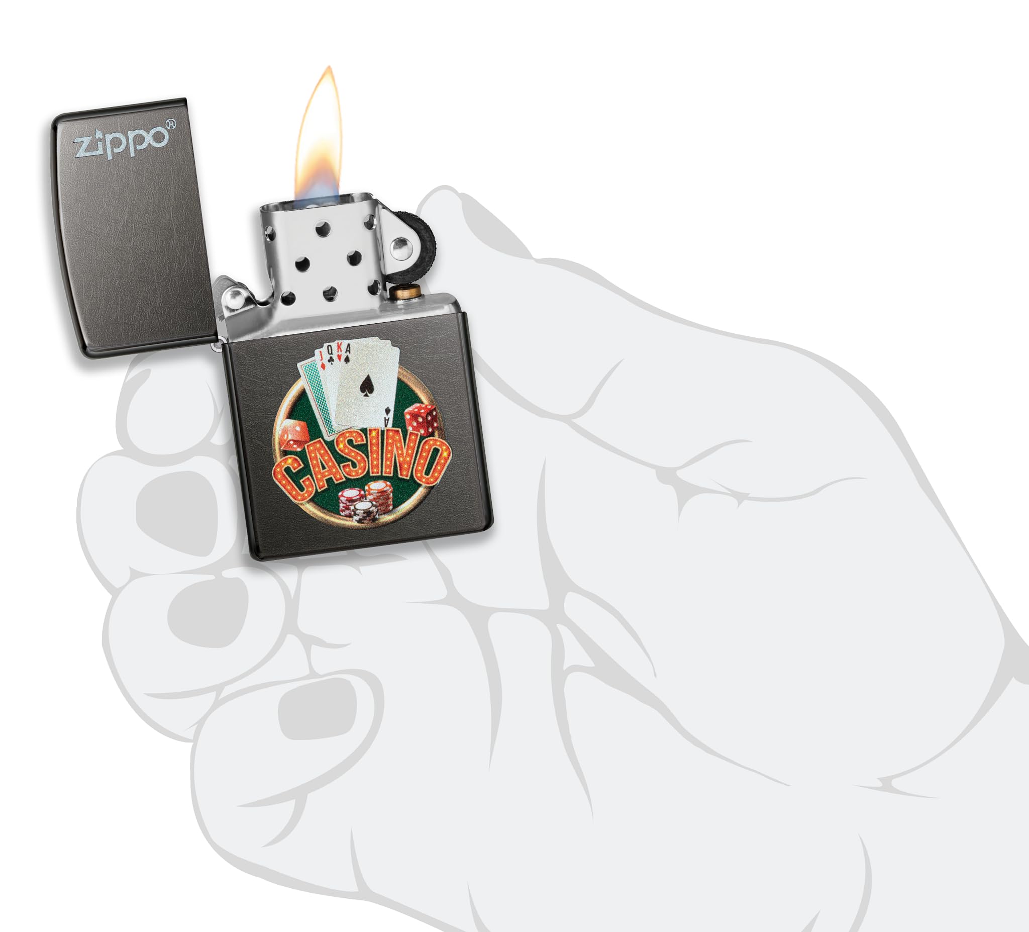 Zippo Casino Zapalniczka Sztormowa, Kolorowy Nadruk, do Napełniania, Wielokrotnego Użytku, Wiatroodporna Konstrukcja, Pudełko na Prezent, Wykonano w USA, Szary (Gray Dusk)