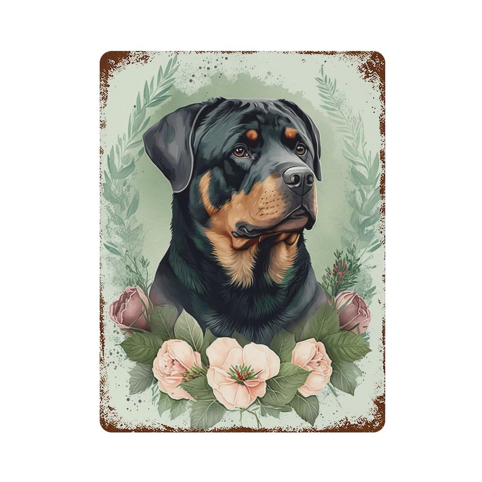 Rust Effect Rottweiler Floral Rusty Metal Tin Sign 15.7"x11.8", Rustic Home Decor for Bistro, Counter And Cafe Decor