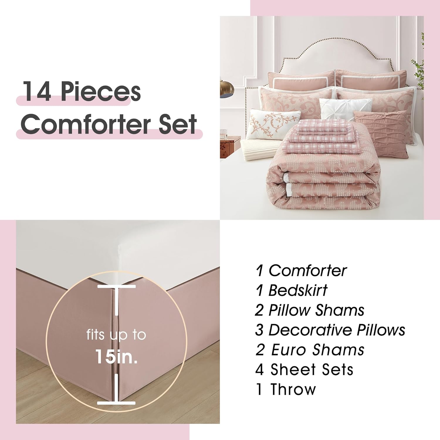 LANCO MODERN LIFESTYLE Blush California King Comforter Set, Classic Jacquard Floral 14 Pieces Bedding Set, Ultra Soft for All Seasons, Sheets, Bedskirt, Throw, Matching Shams and Decor Pillows