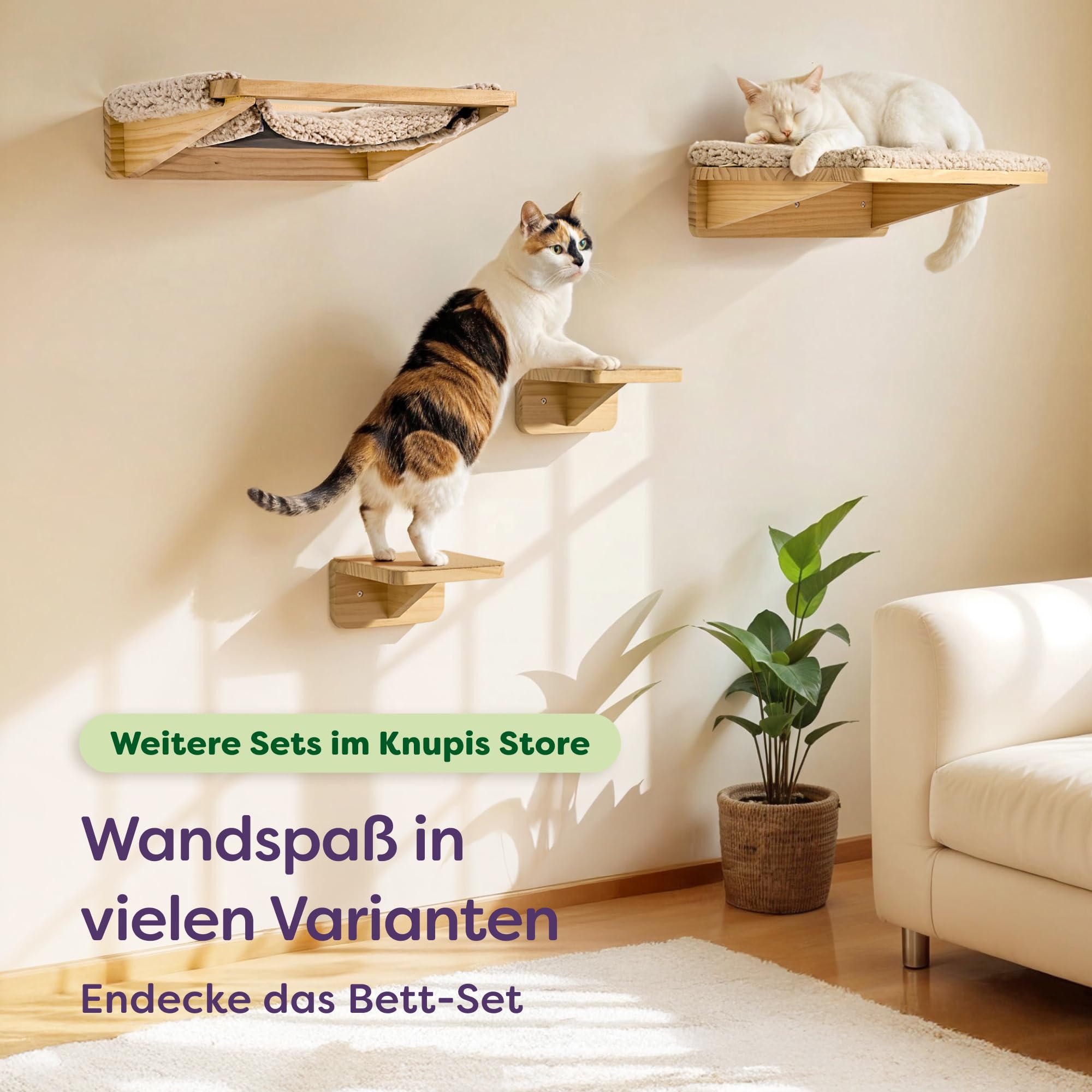 Knupis Katzen Kletterwand Set mit Hängematte & 2X Katzentreppe – massives Kiefernholz, stabile Wandliege bis 30 kg – Für Spielspaß & Gemütlichkeit