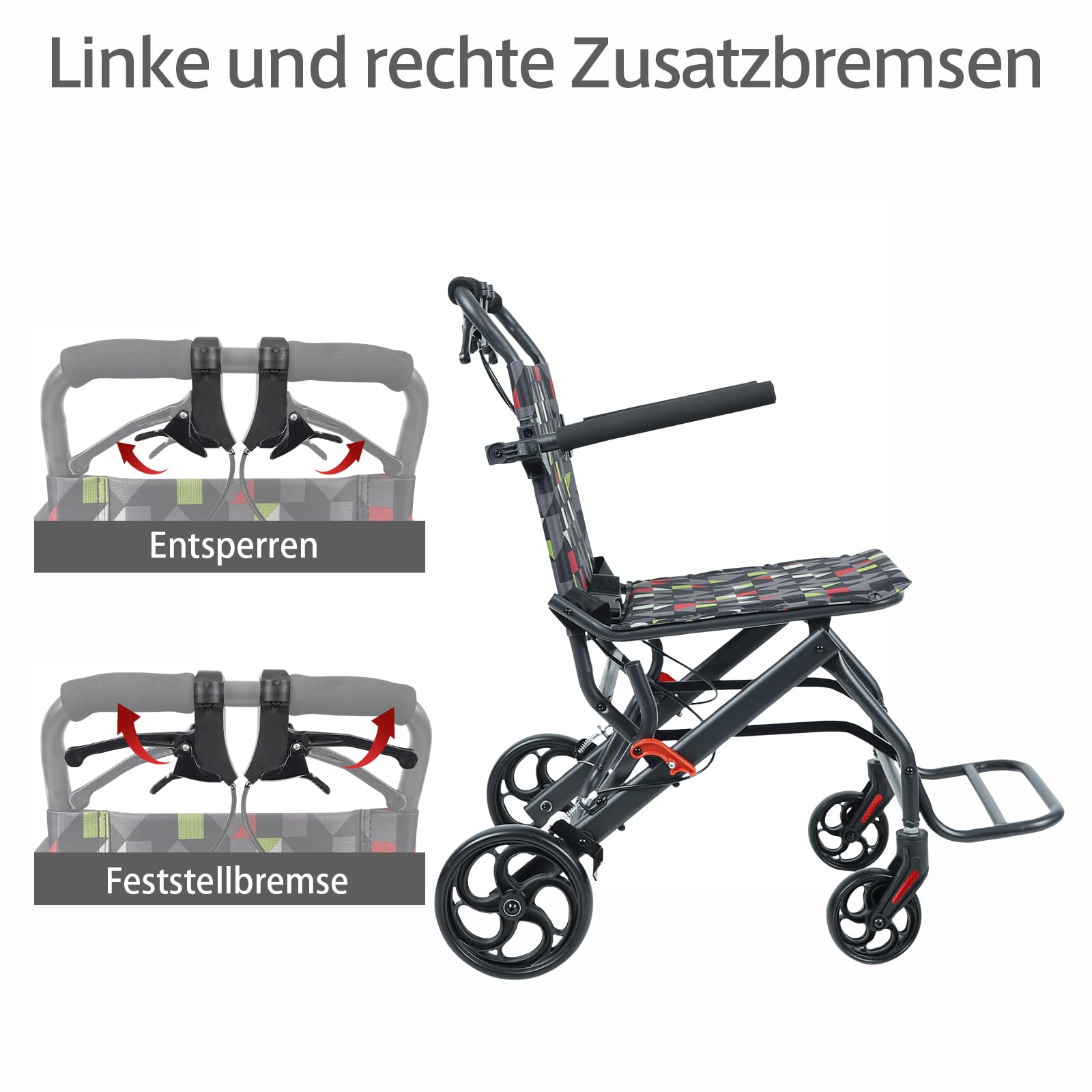 Rollstuhl faltbar,Ultraleicht(7.5kg),Aluminium,Sitzbreite:39cm,Transportrollstuhl, Zwei bremssysteme,für Behinderte und ältere Menschen,Bis zu 100 kg(IN-A068)