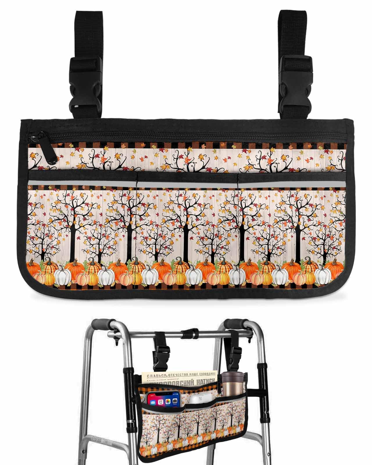 Anzona Fall Maple Wheelchair Side Bag Walker Bag, Watercolor Pumpkin Orange Black Plaid Wheelchair Accessories Armrest Pouch, Organizer Storage Bag for Walkers, Rollators, Scooters, 7.3''x13''