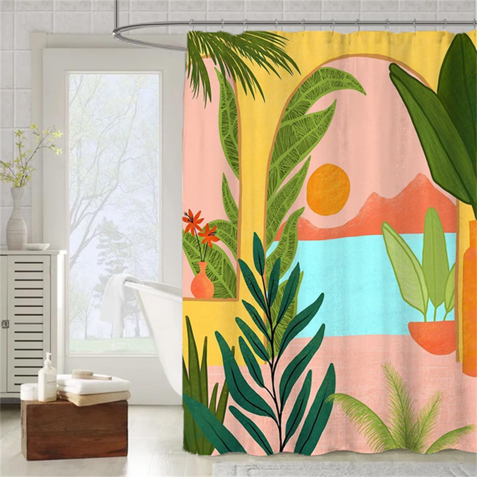Bohême nordique Rideau Douche W300cm x L200cm Rideaux de Douche Anti Moisissure Tissu Imperméable avec Crochets,Rideaux Lourd Polyester Lavable,3D Shower Curtain Baignoire Salle de Bains Decor M-150