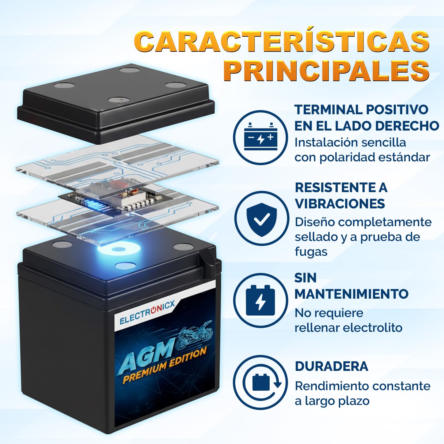Electronicx batería de moto AGM YB10L-A2 12V 11Ah – batería de arranque sellada sin mantenimiento, tecnología AGM 135A CCA – scooter, quad, ATV – compacta, resistente a vibraciones, lista para usar