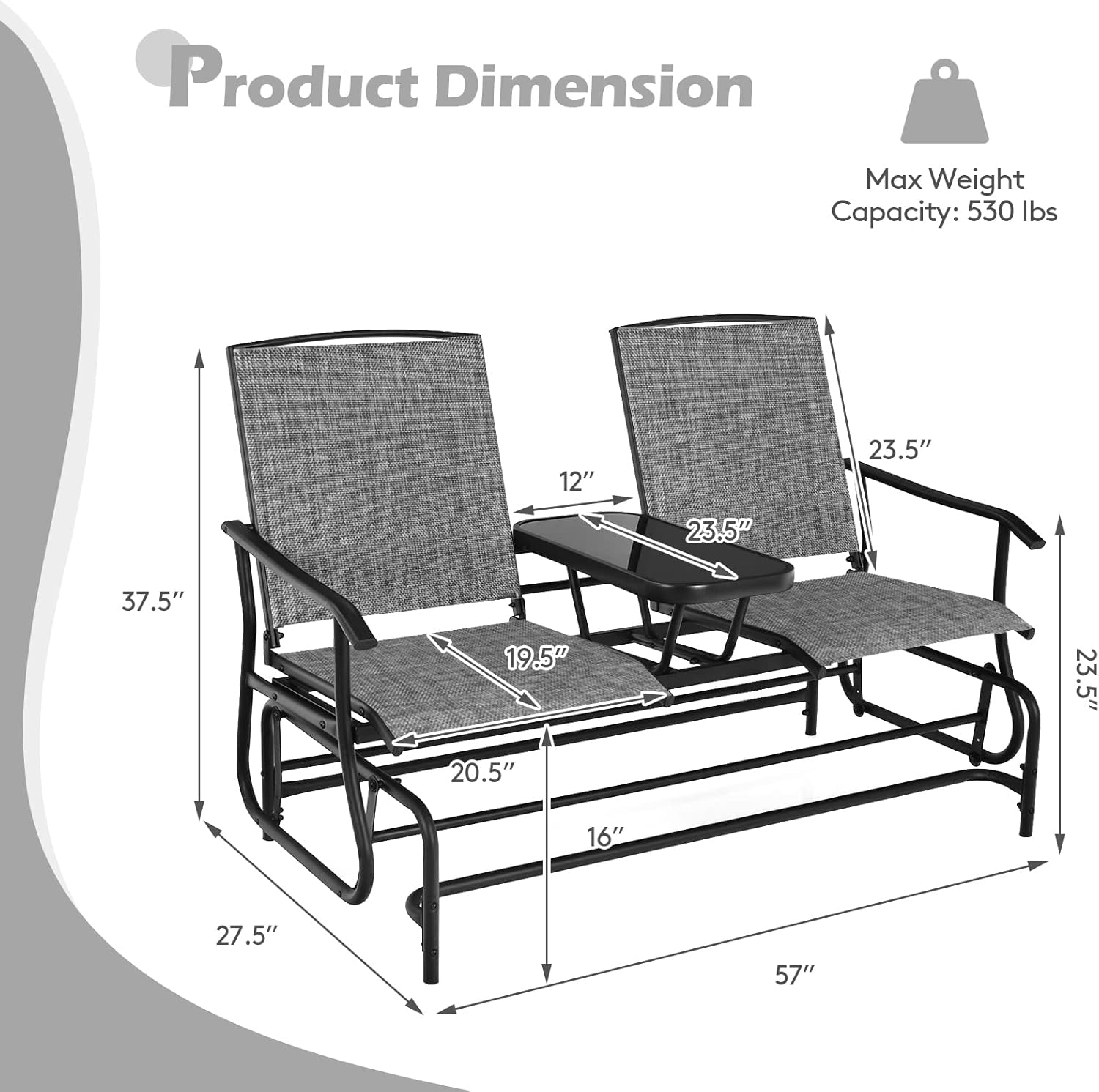 S AFSTAR 2-Person Outdoor Glider, Patio Glider Bench Chairs with Center Tempered Glass Table & Breathable Loveseat, Double Swing Glider Chair for Porch Garden Poolside Balcony Lawn (Gray)