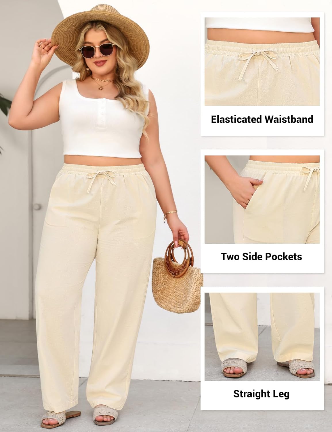Plus Size Linen Wide Leg Pants for Women Breathable Cotton Blend Trousers Drawstring Low Waisted Flowy Palazzo Pants - Image 4