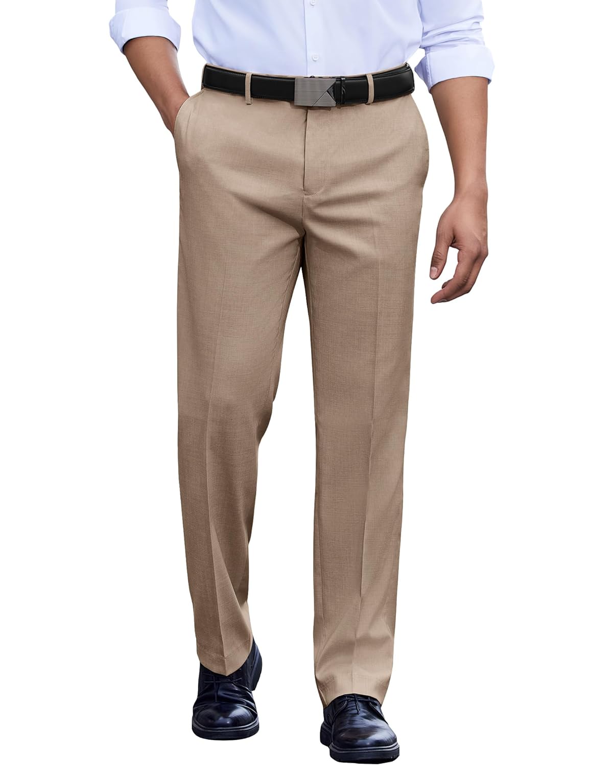 COOFANDY Calça social masculina com ajuste clássico, frente lisa, casual, cintura expansível, calça social