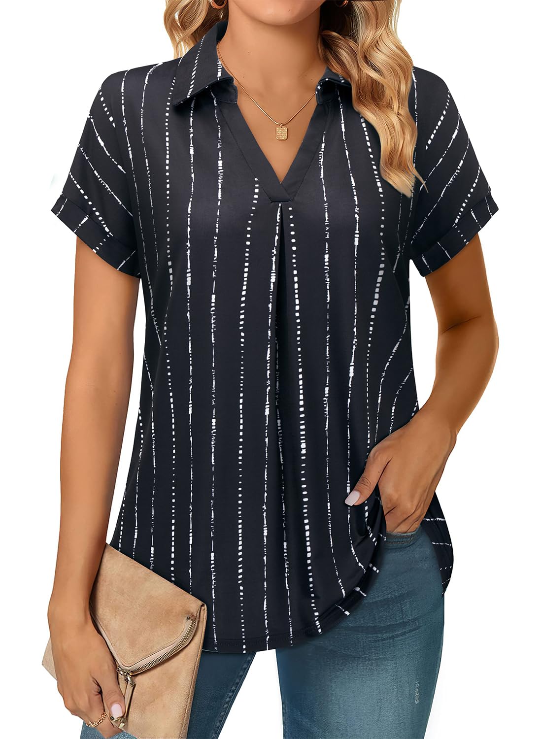 Siddhe Damen V-Ausschnitt Bluse 3/4 Ärmel Oberteile Tunika Tops Locker Longshirt Lässige T-Shirt Langarm Hemd