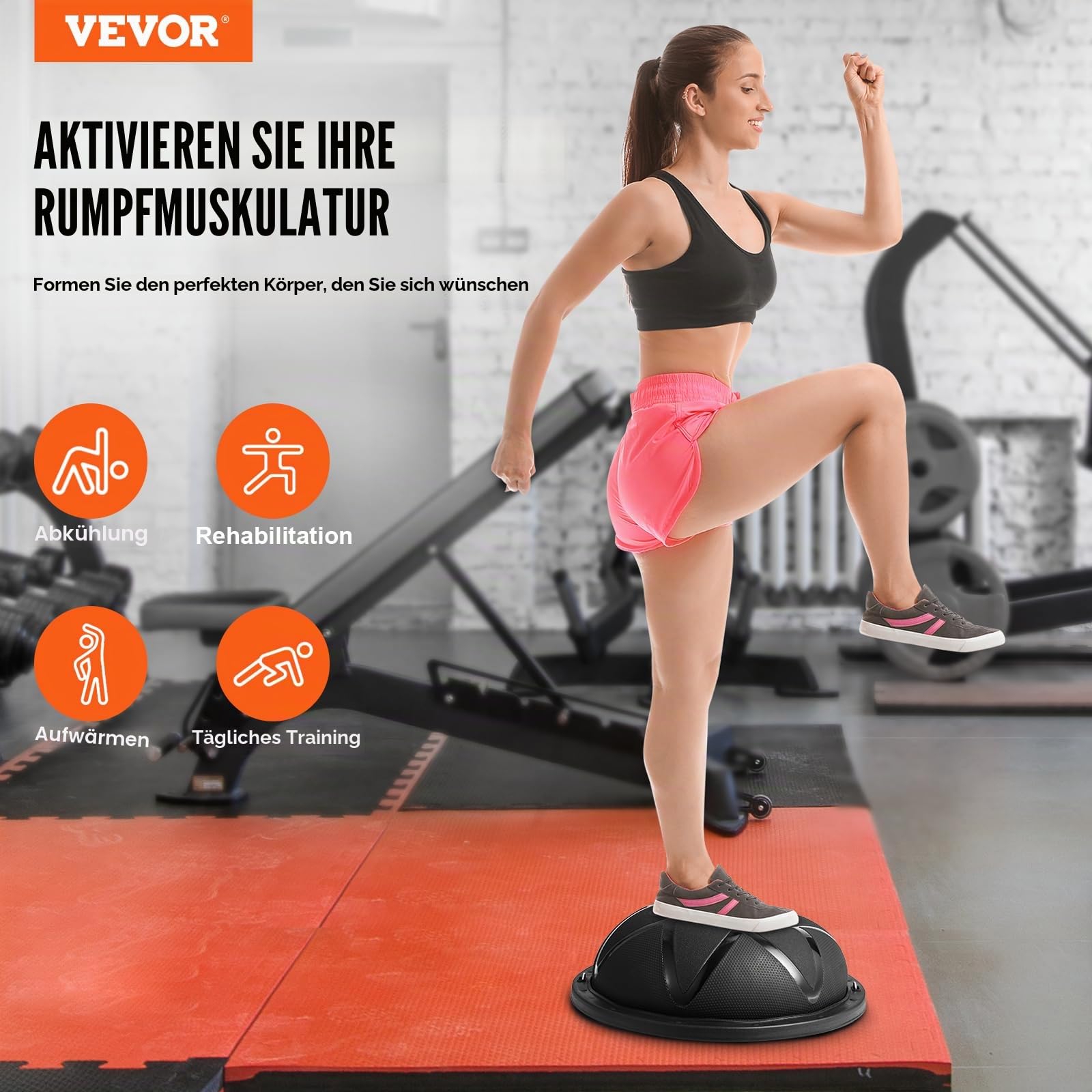 VEVOR Halb-Gymnastikball-Trainer, 58 cm Balance Ball Trainer, 300 kg, Yoga-Ball mit Widerstandsbändern und Pumpe, Kraft-Fitnessball für das Heim-Fitnessstudio, Ganzkörpertraining, Schwarz