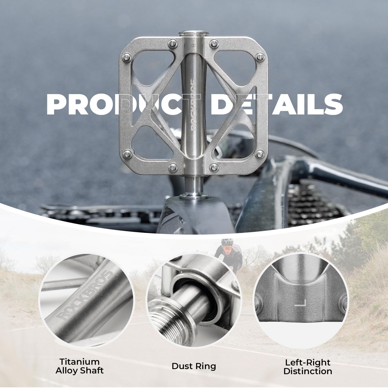 ROCKBROS Pedales Bicicleta Ultraligero, Pedales MTB de Aleación de Titanio Plataforma Grande 9/16” para Bicicleta de Montaña y Carretera BMX
