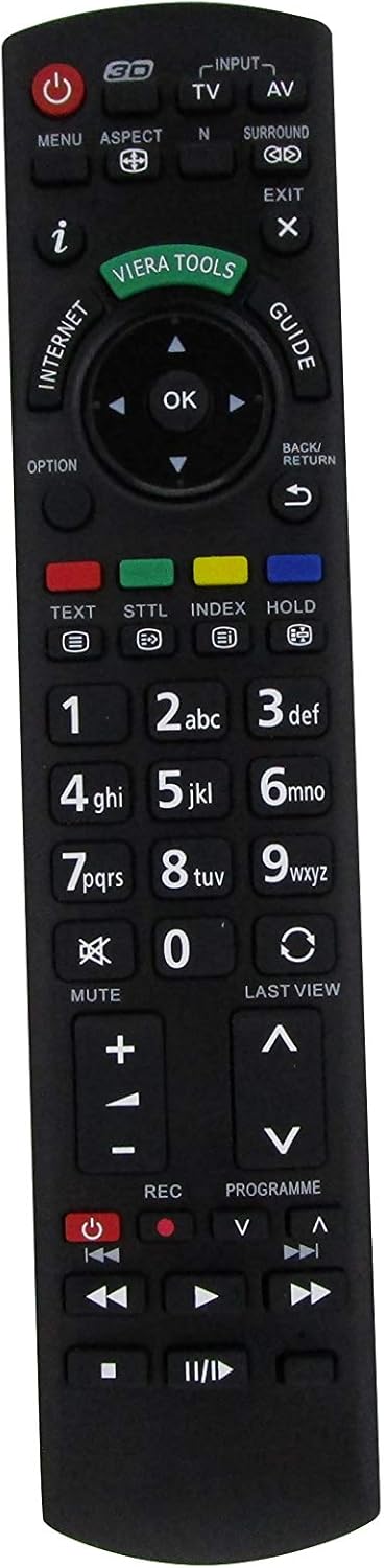 سامهون view of the Easytry123 replacement remote control for Panasonic Viera TVs, showing all buttons.