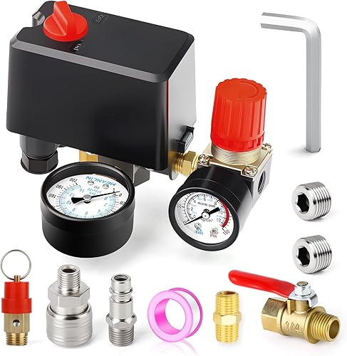 MEANLIN MEASURE Válvula de control del interruptor de presión del compresor de aire 120-150 PSI 110V-240V Piezas de repuesto de 4 vías con regulador