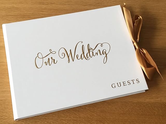 ukgiftstoreonline White Wedding Guest Book Gift With Gold Ribbon