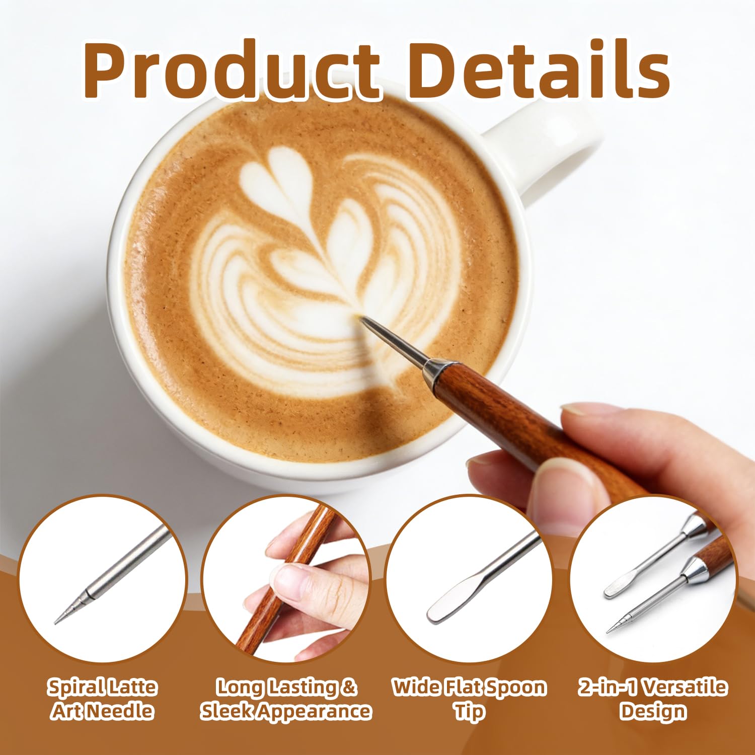 Bolígrafo Latte Art, Herramientas Barista Acero Inoxidable Doble Punta con Madera Negra - 2 Piezas